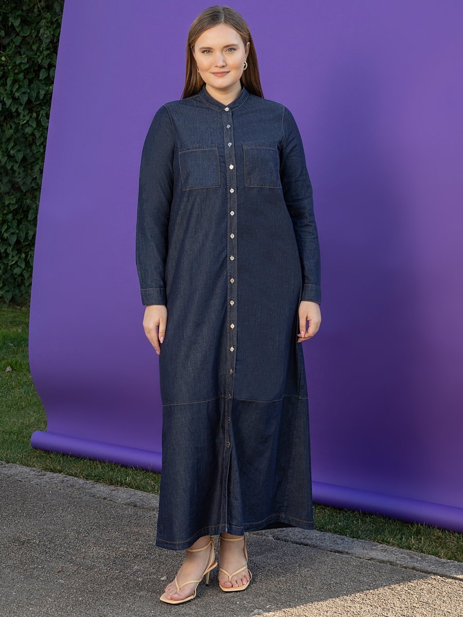 Alia Lacivert Büyük Beden Doğal Kumaşlı Boydan Düğmeli Kot Elbise