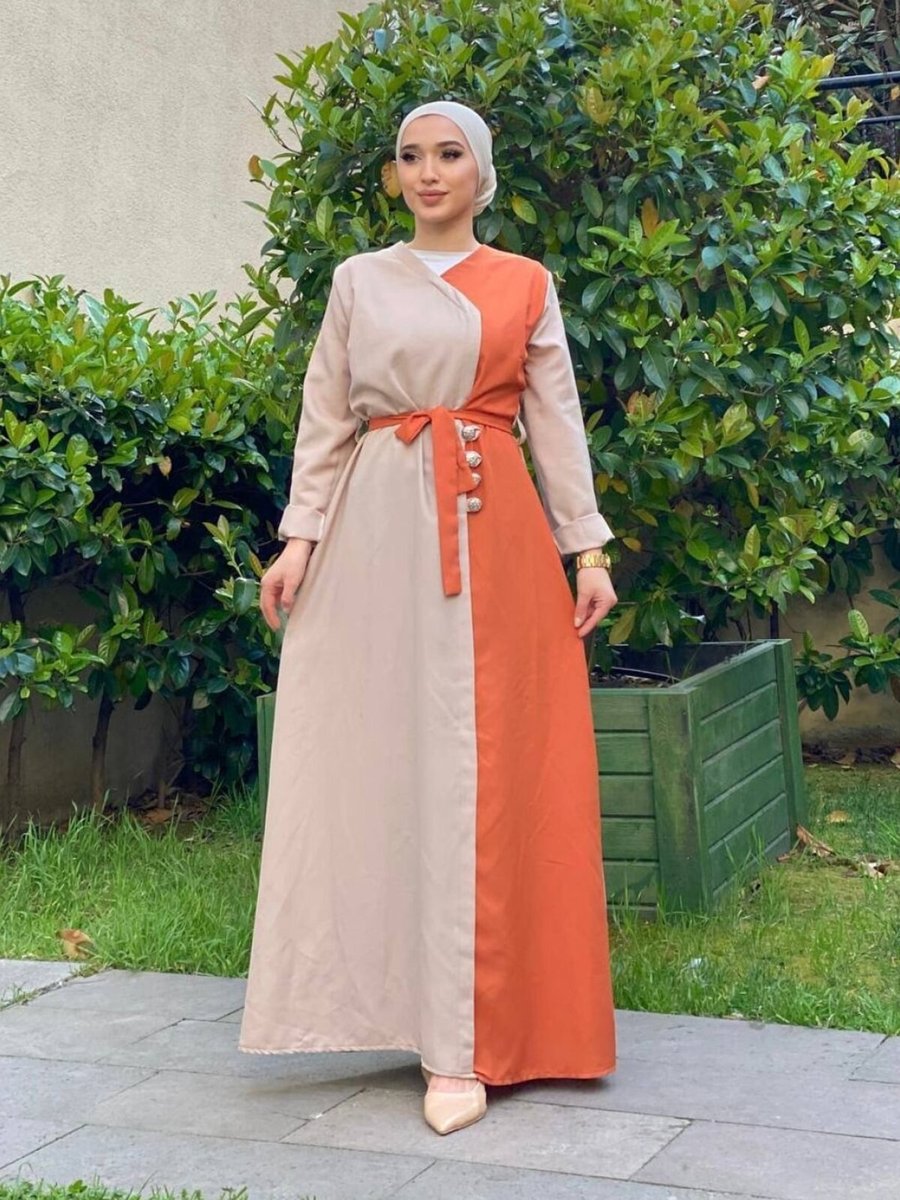 Şems Fashion Kiremit Krem Aerobin Kumaş Çift Renk Kemerli Uzun Elbise