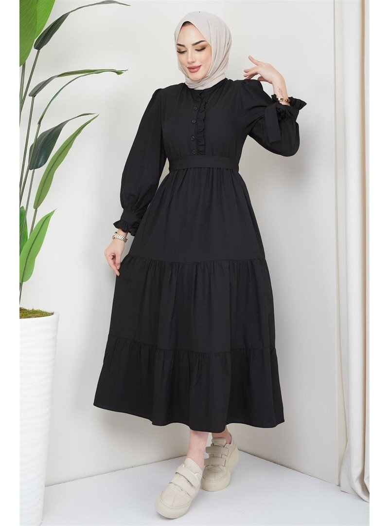 Hafsa Mina Siyah Önü Fırfırlı Kolu Bağlamalı Elbise