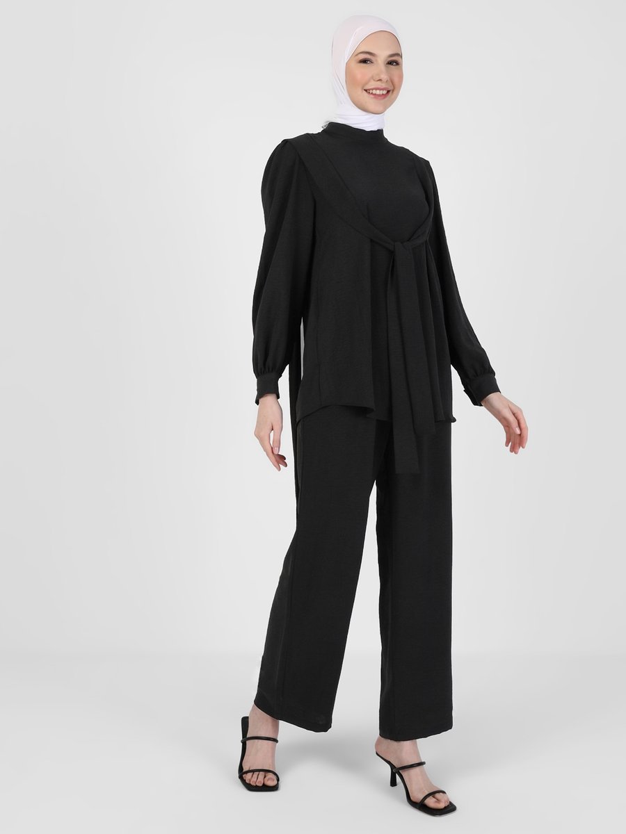 Refka Siyah Aerobin Bağlama Detaylı Tunik & Pantolon Takım
