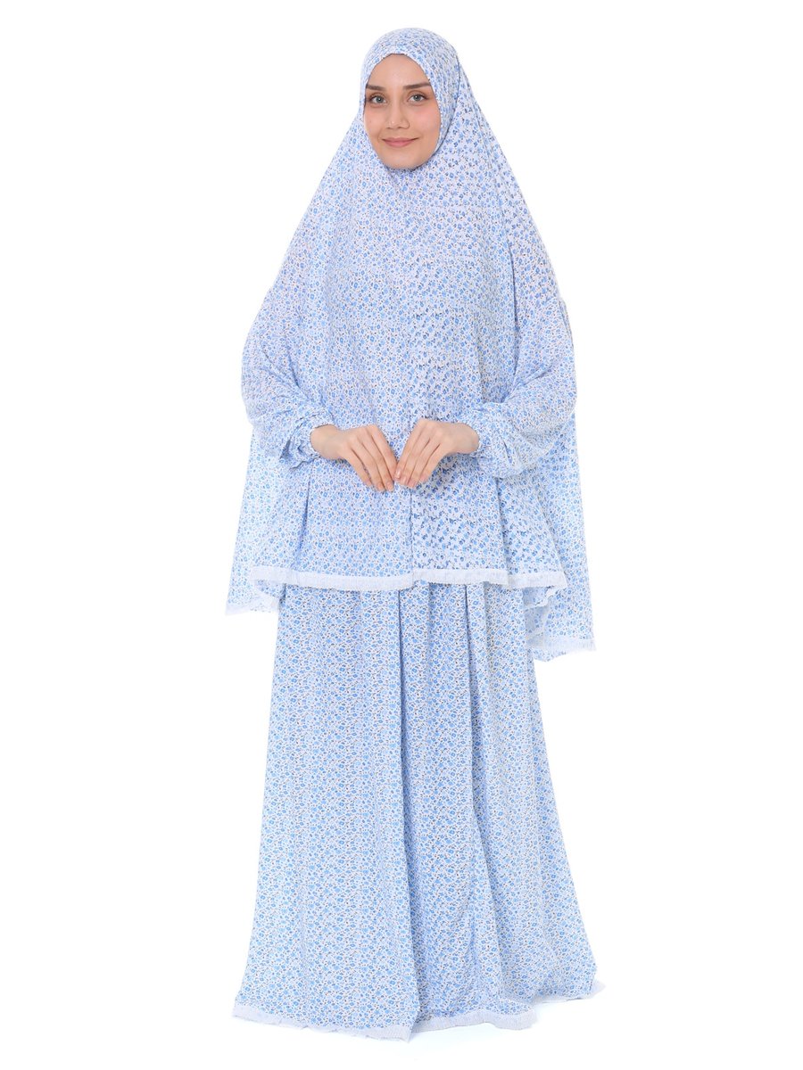 ELANESA Mavi Oulabı Mır Pratik Namaz Elbisesi İkili Kollu Ve Dantel Detaylı