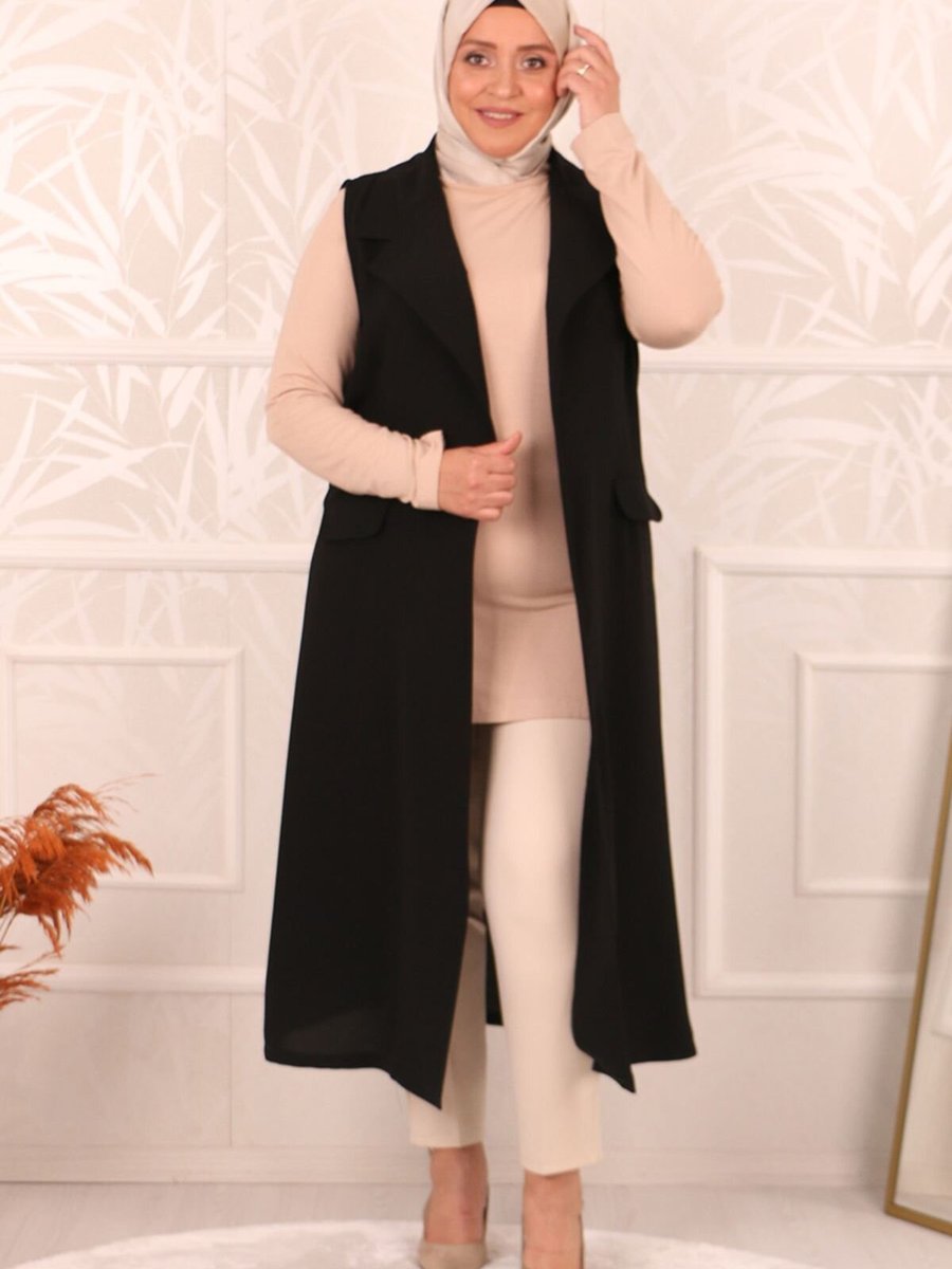 Moda Rosa Siyah Büyük Beden Blazer Yakalı Çift Kat Krep Yelek