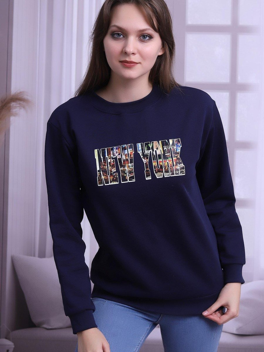 Deafox Lacivert New York Baskılı Bisiklet Yaka Sweatshirt