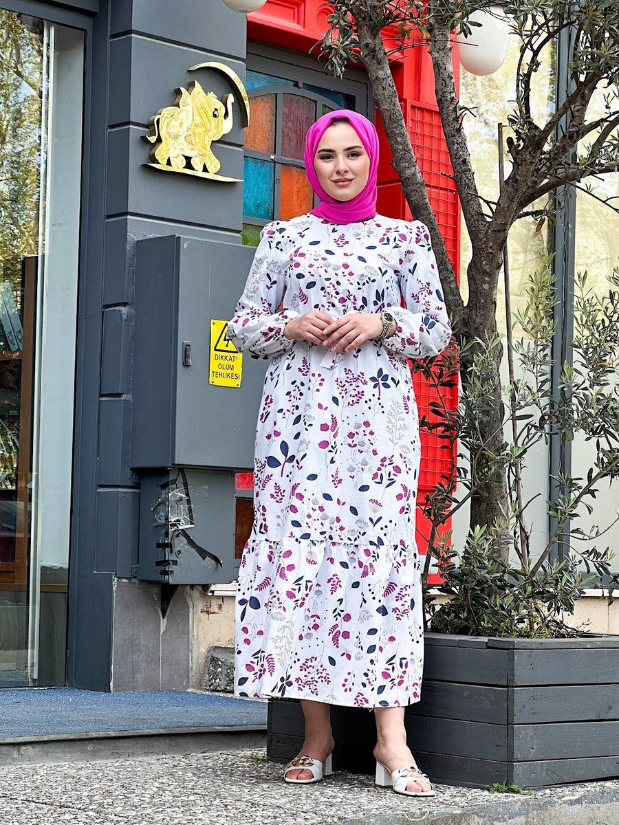 Cng Moda Beyaz Leylak Desenli Elbise
