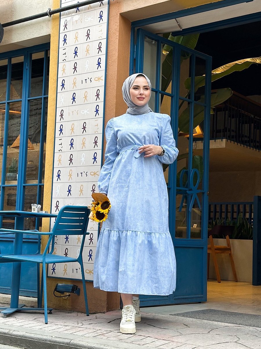 Cng Moda Buzmavisi Bulut Desenli Kuşaklı Elbise