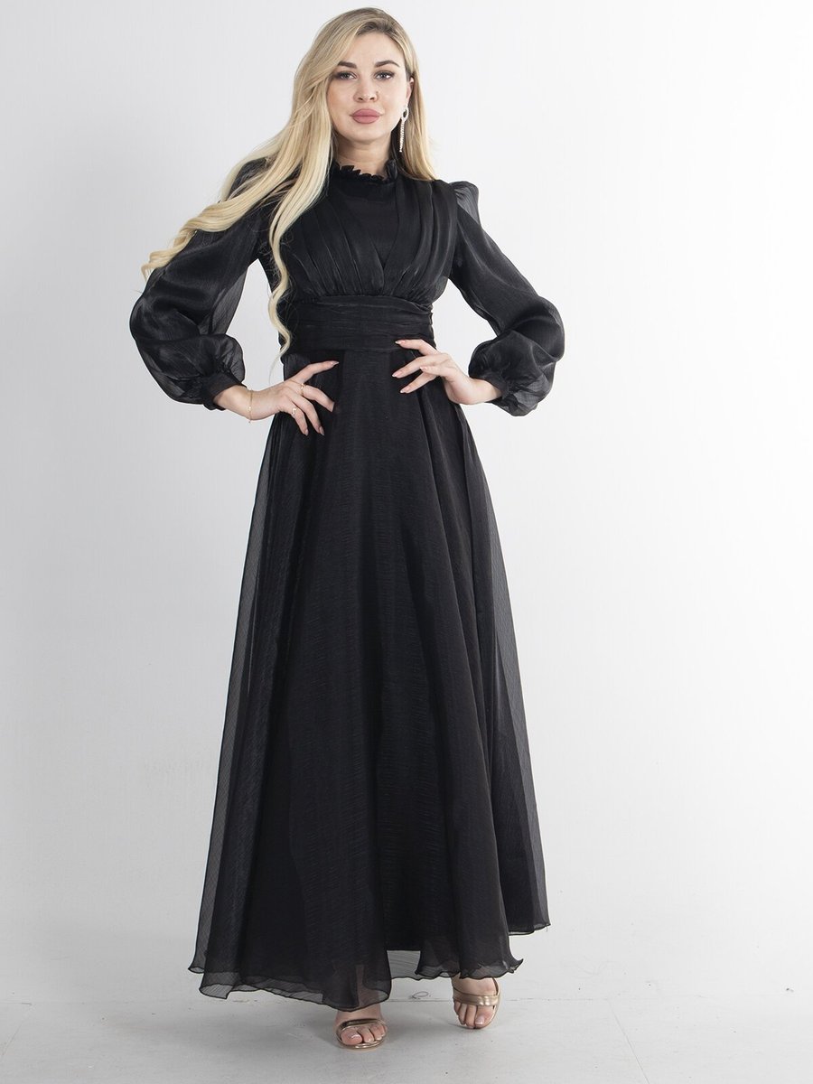 Ardanewline Siyah Balon Kol Yakası Fırfırlı Astarlı Abiye Elbise
