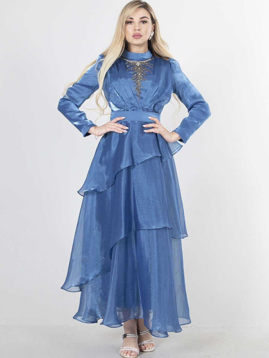 Ardanewline İndigo Uzun Kol Drape Ve İşleme Detaylı Abiye Elbise
