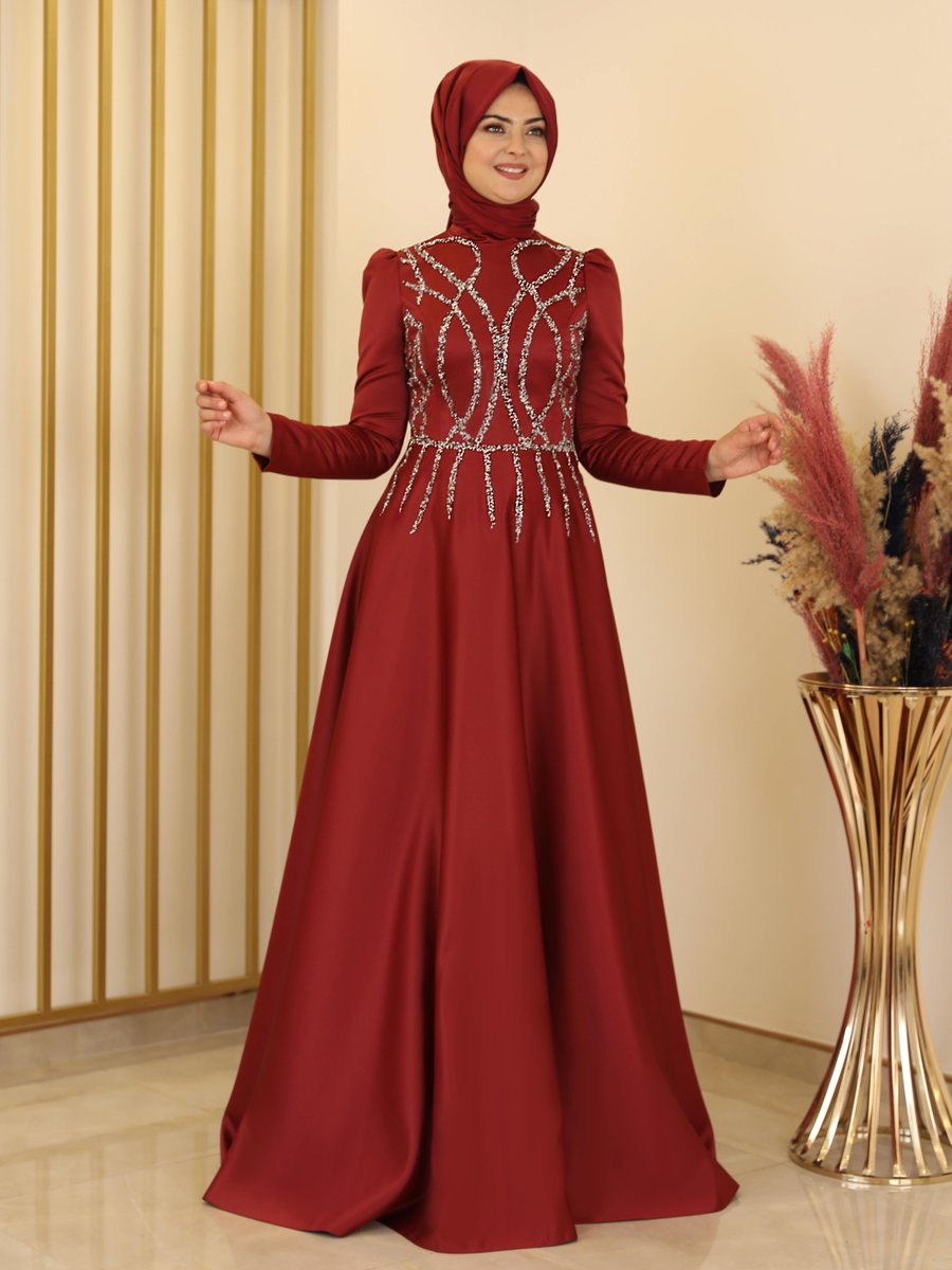 Fashion Showcase Design Bordo Zen Saten Kına Abiye Elbise