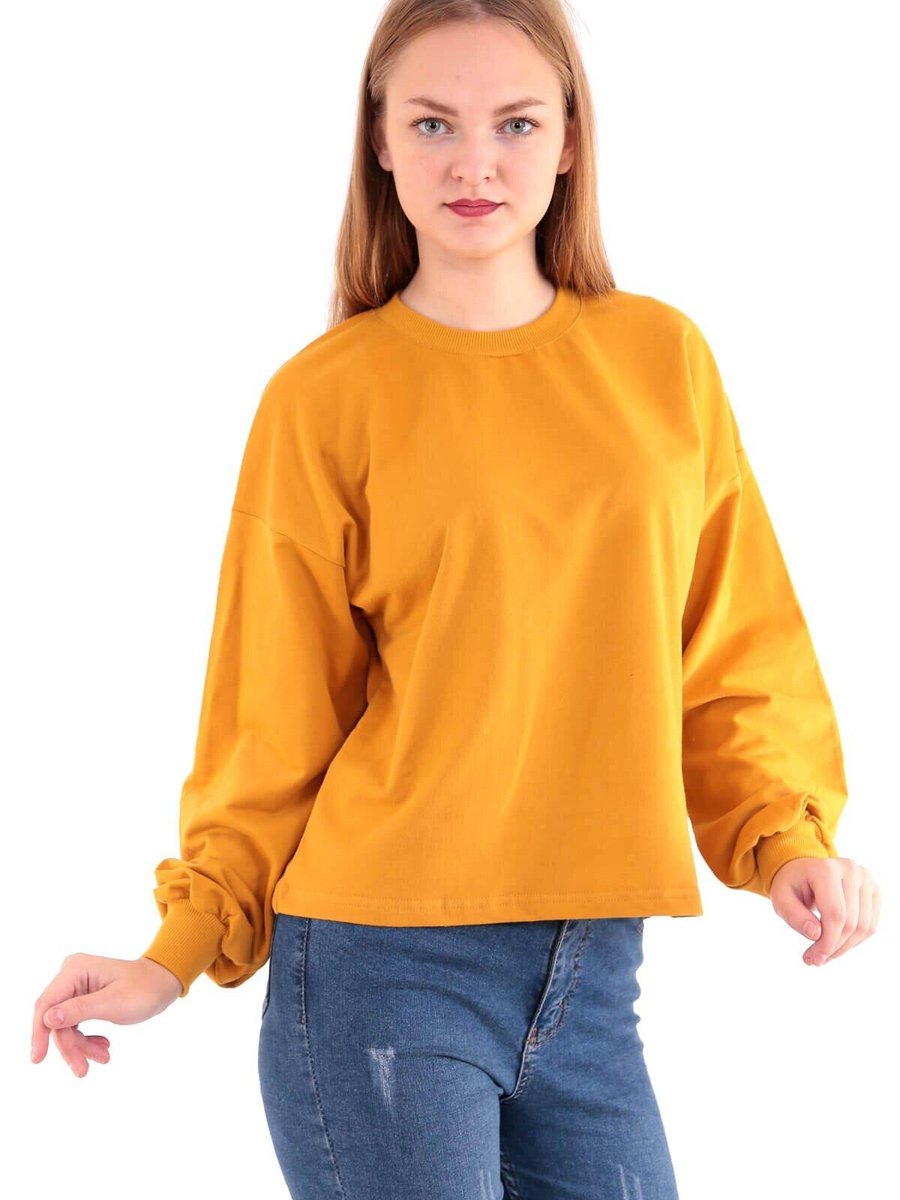 Deafox Sarı Hardal Rengi Balon Kol Sweatshirt