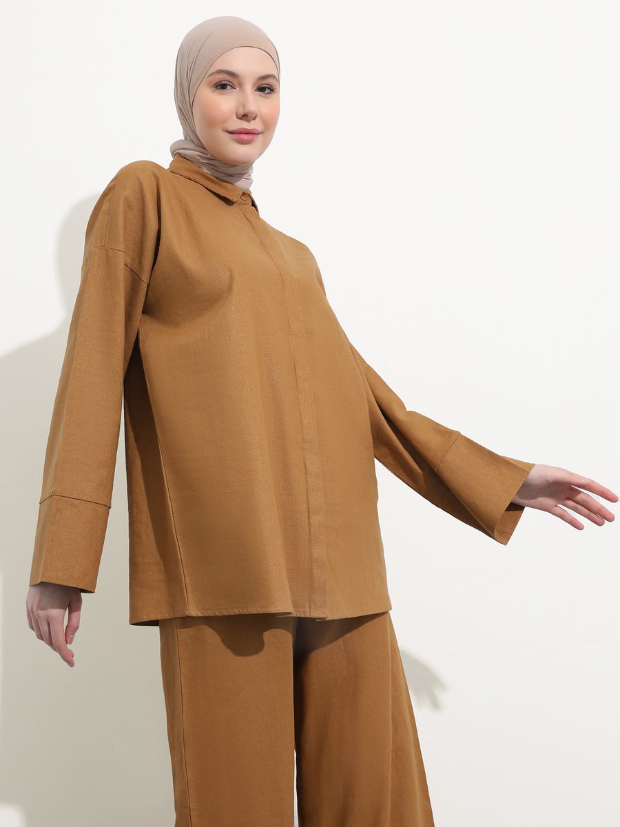 Refka Camel Keten Tunik & Pantolon İkili Takım