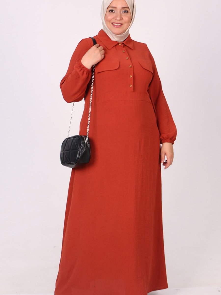 Moda Rosa Kiremit Büyük Beden Kemerli Airobin Elbise