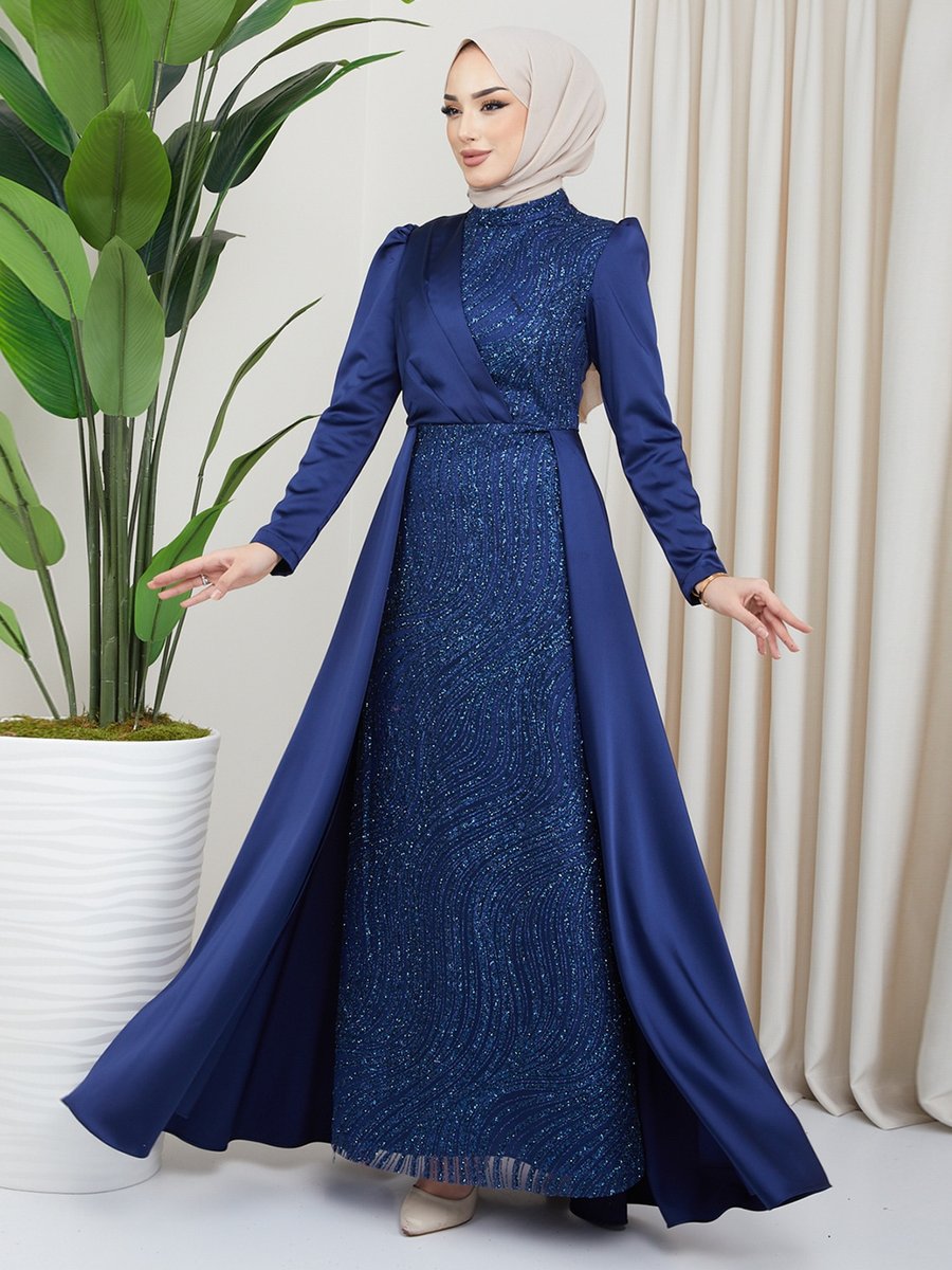 Olcay Koyu Mavi Önü Pul Ve Sim Detaylı Pelerin Etekli Saten Abiye Elbise