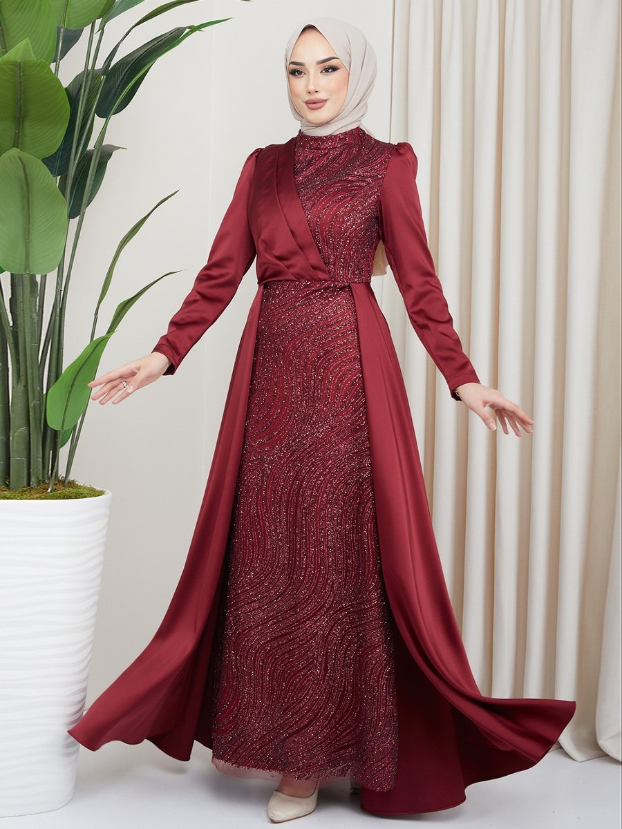 Olcay Bordo Önü Pul Ve Sim Detaylı Pelerin Etekli Saten Abiye Elbise