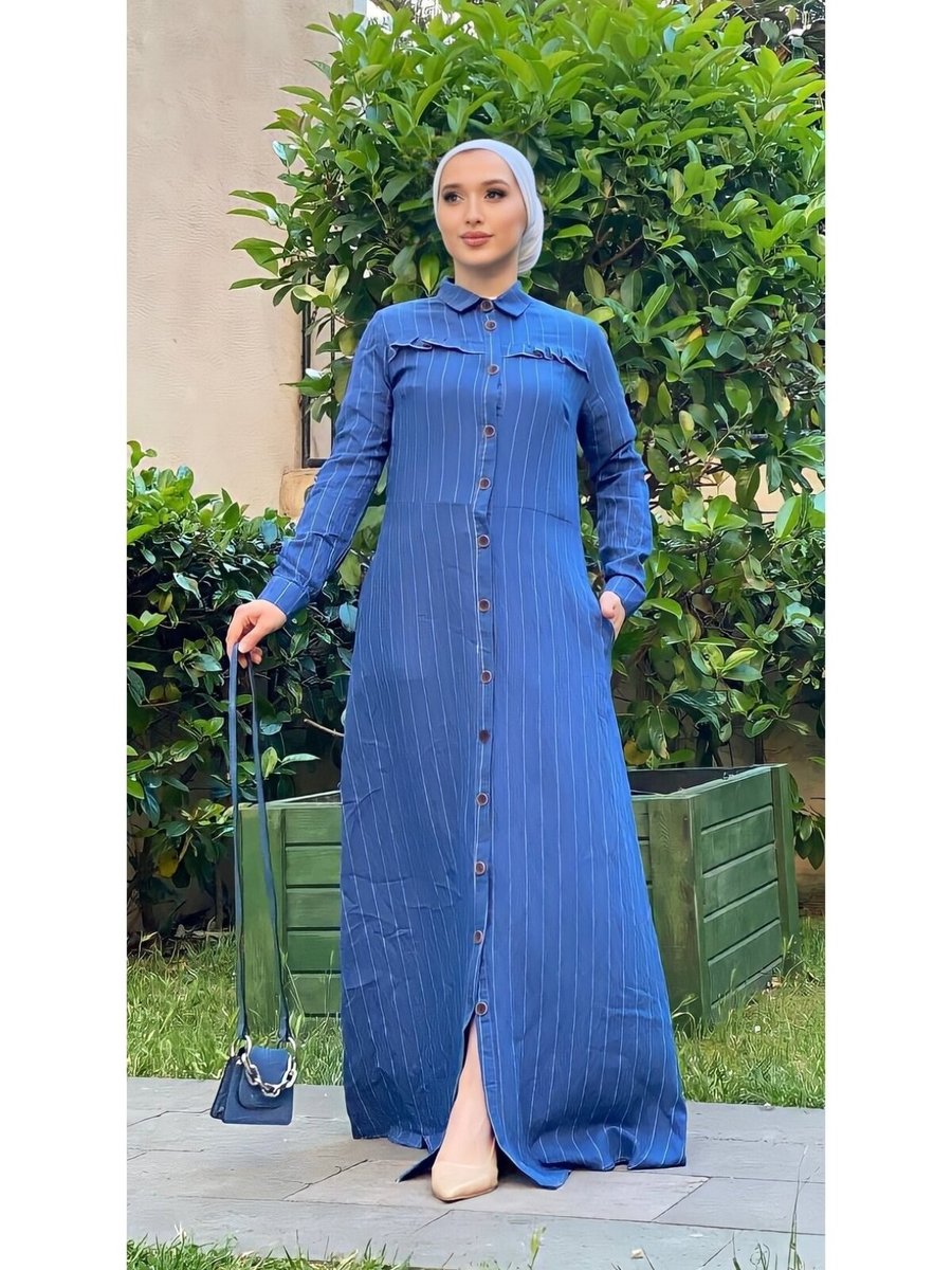 Şems Fashion Mavi Viskon Kumaş Yaka Uzun Gömlek Elbise