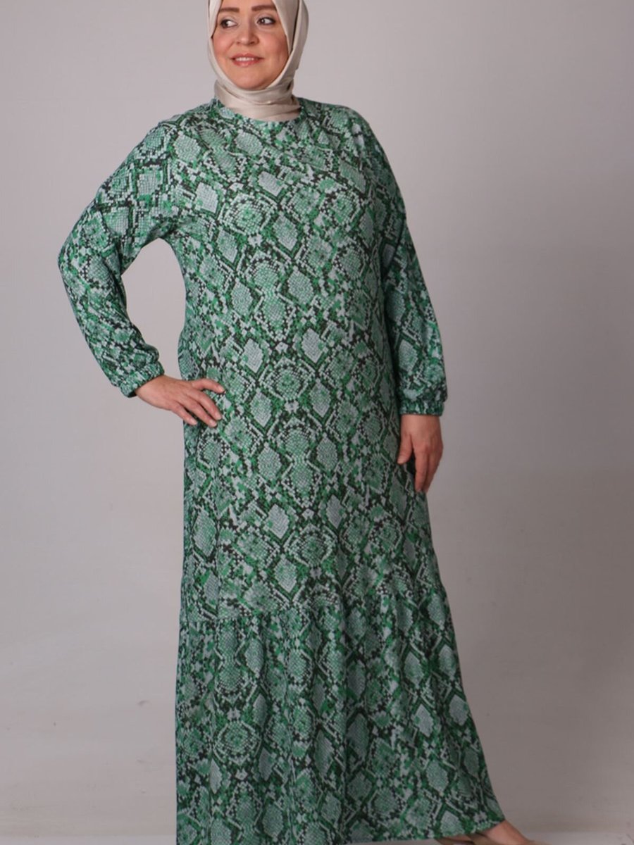 Moda Rosa Karma Desenli Benetton Büyük Beden Etek Ucu Fırfırlı Bürümcük Elbise