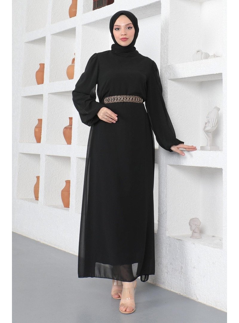MISSVALLE Siyah Kemer Detaylı Şifon Abiye Elbise