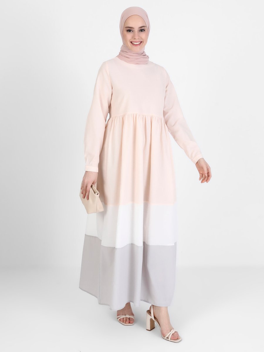 Refka Pudra Renk Bloklu Eteği Geniş Pamuklu Elbise
