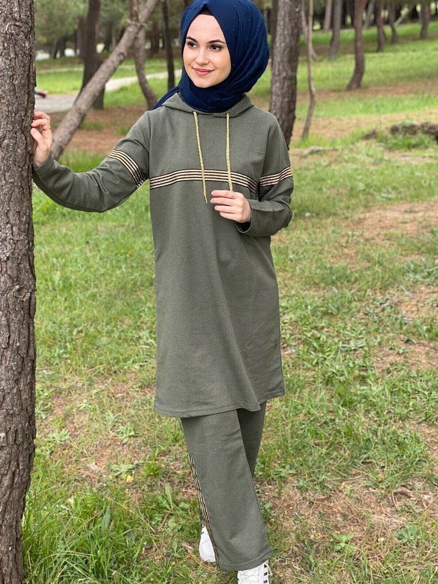 Cng Moda Haki Kapüşonlu Sim Şeritli Eşofman Takım