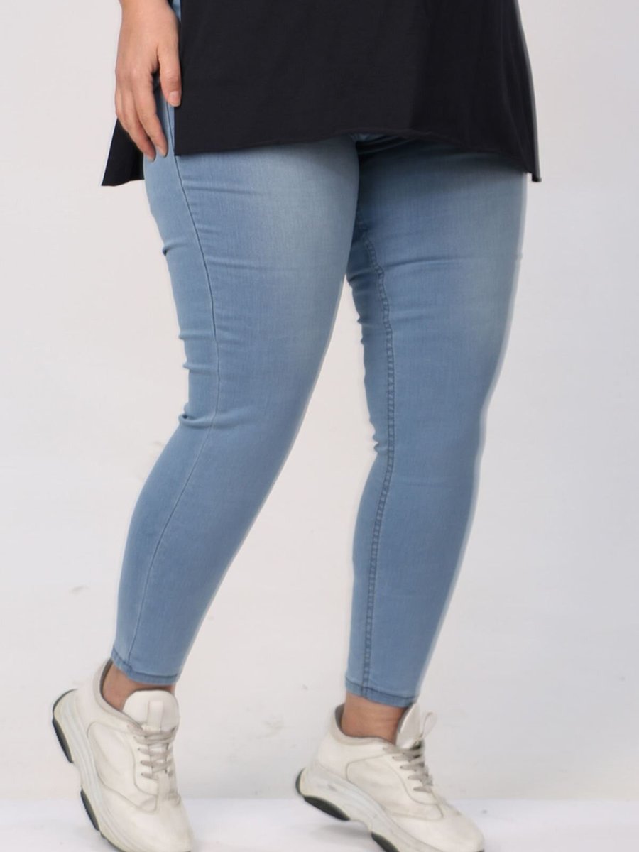 Moda Rosa Buzmavi Büyük Beden Dar Paça Uzun Boy Taşlamalı Kot Buz Mavi Pantolon