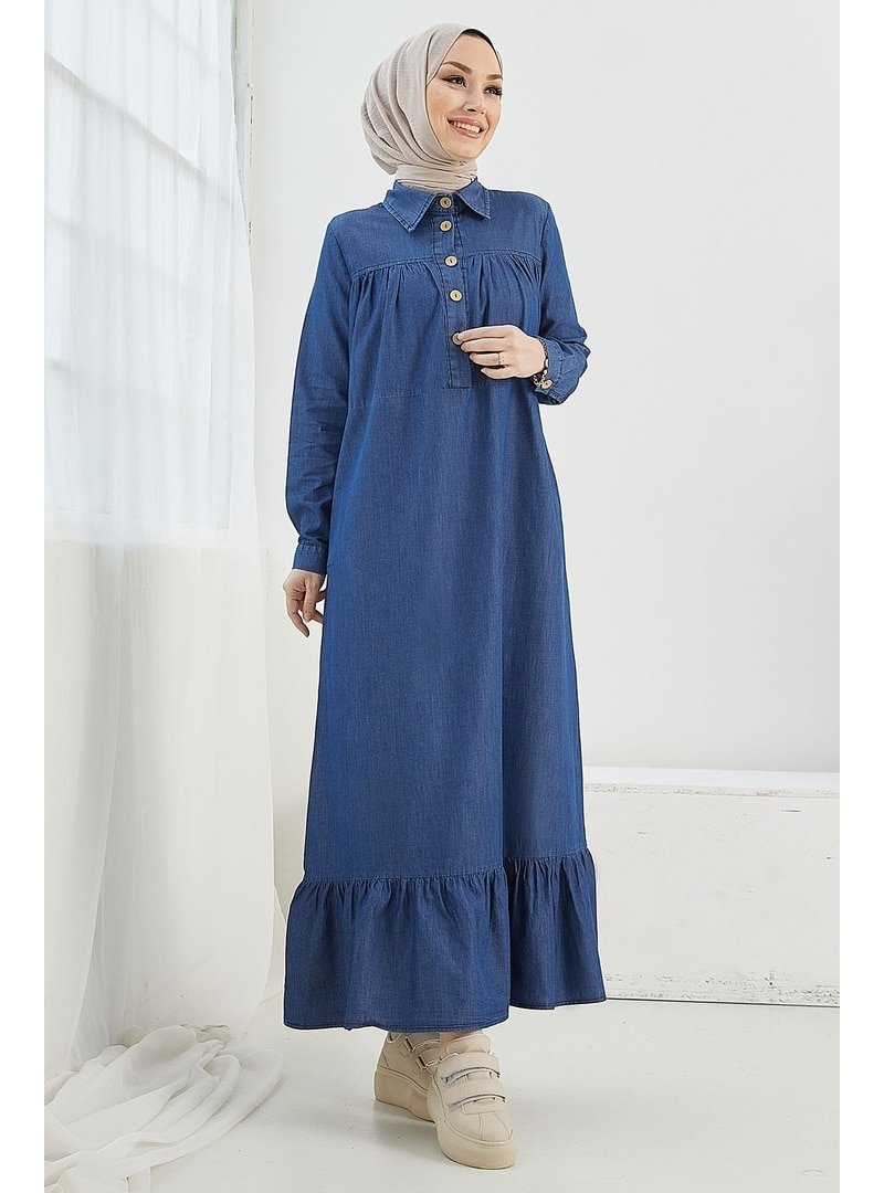 InStyle Mavi Mandes Robalı Fırfırlı Salaş Kot Elbise
