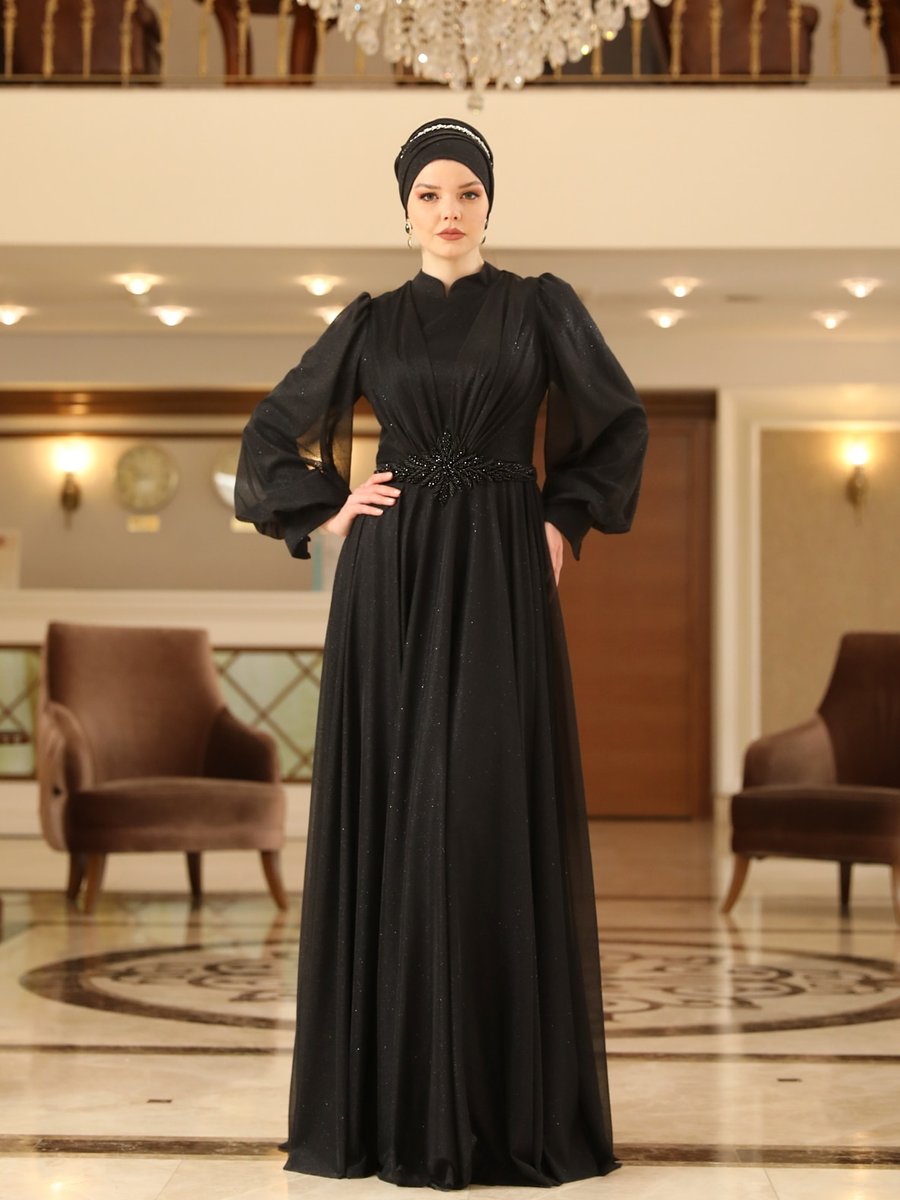 Ahunisa Siyah Safran Abiye Elbise