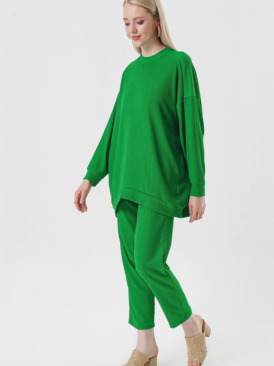Butik Buruç Yeşil Dokuma Pantolon Tunik Takım