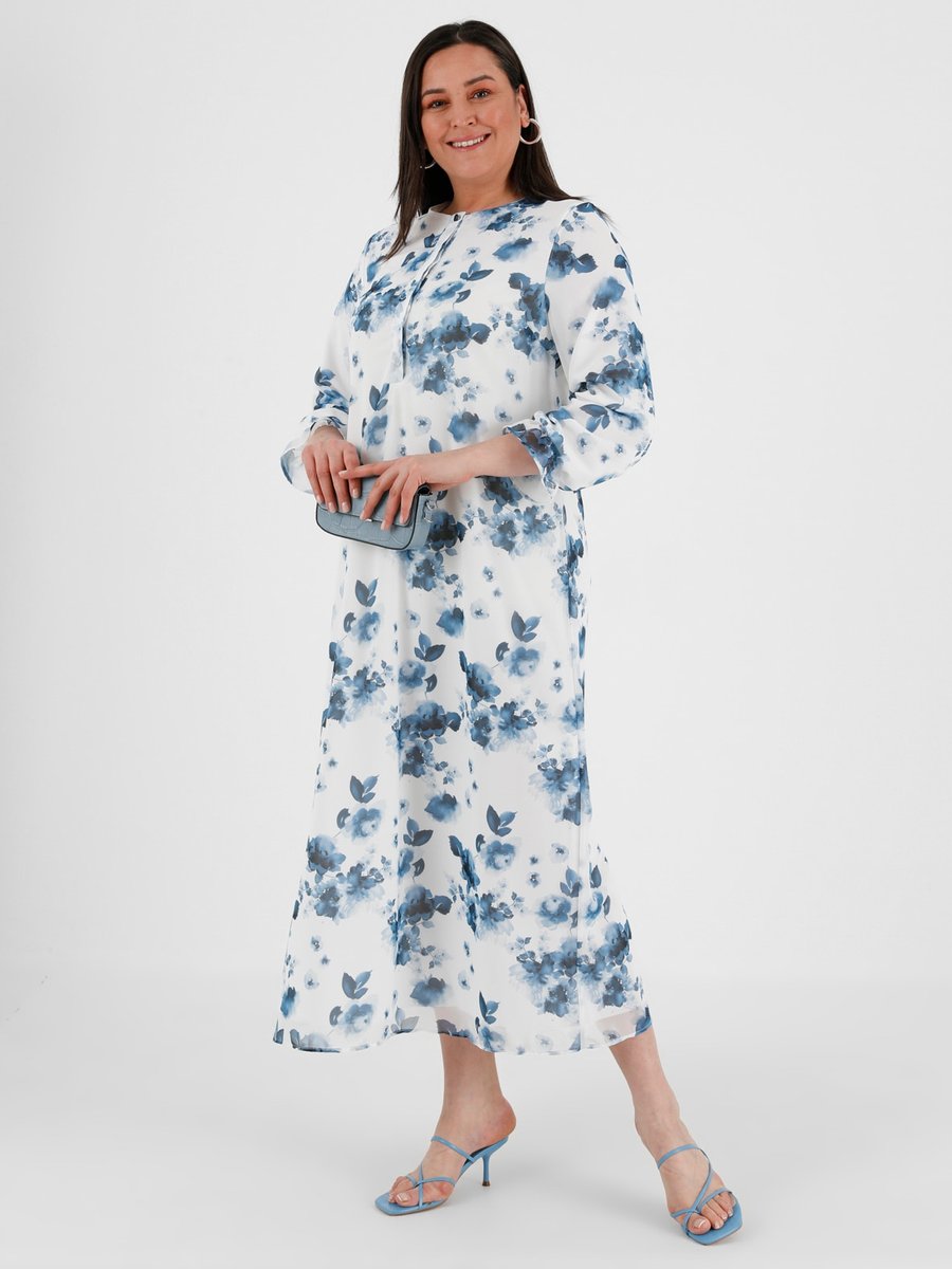 Alia Ekru İndigo Büyük Beden Çiçek Desenli Şifon Elbise
