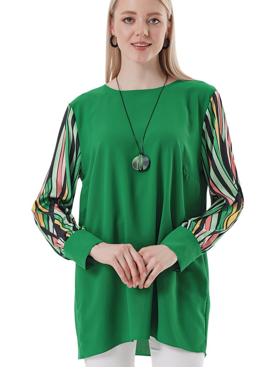 Butik Buruç Yeşil Kolu Desenli Büyük Beden Şifon Bluz