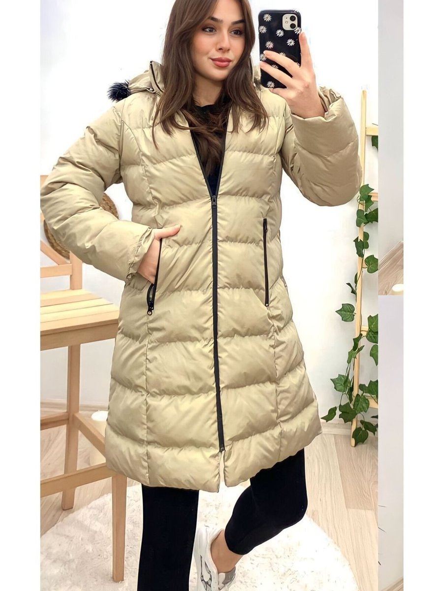 Şems Fashion Krem Kalın Dolgulu Kapüşönlü Uzun Şişme Kışlık Mont