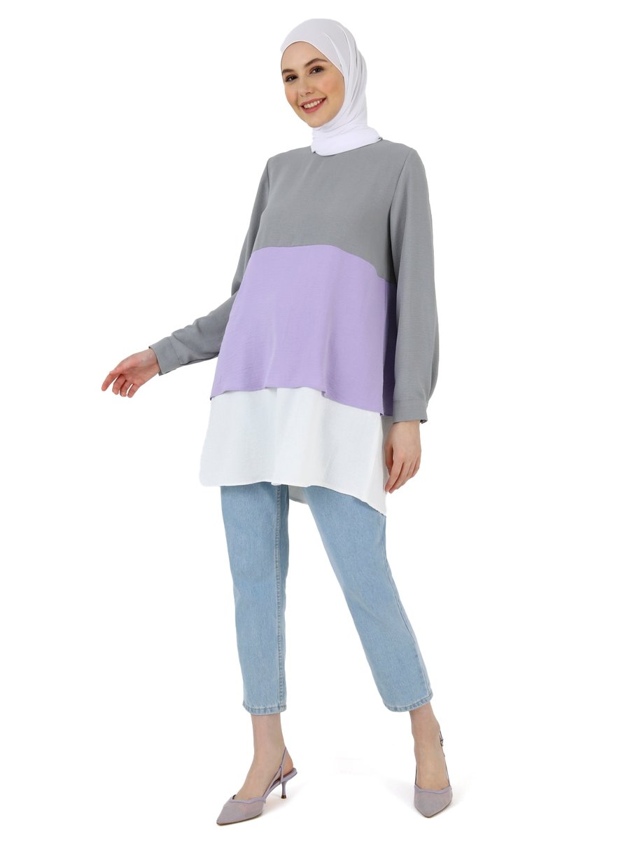 Refka Gri Lila Off White Renk Bloklu Aerobin Tunik