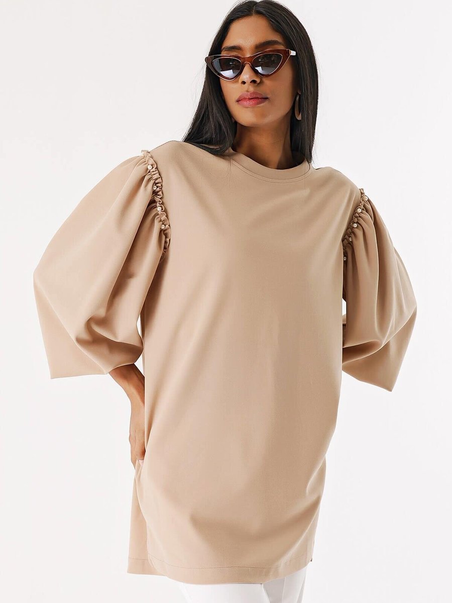 Butik Buruç Taş Omuz İnci Detaylı Uzun Sweat