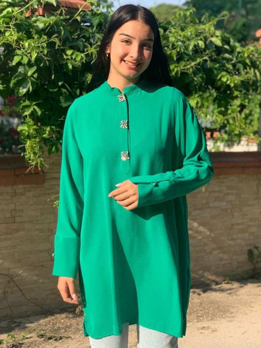 Moda Rosa Yeşil Taş İşlemeli Salaş Tunik