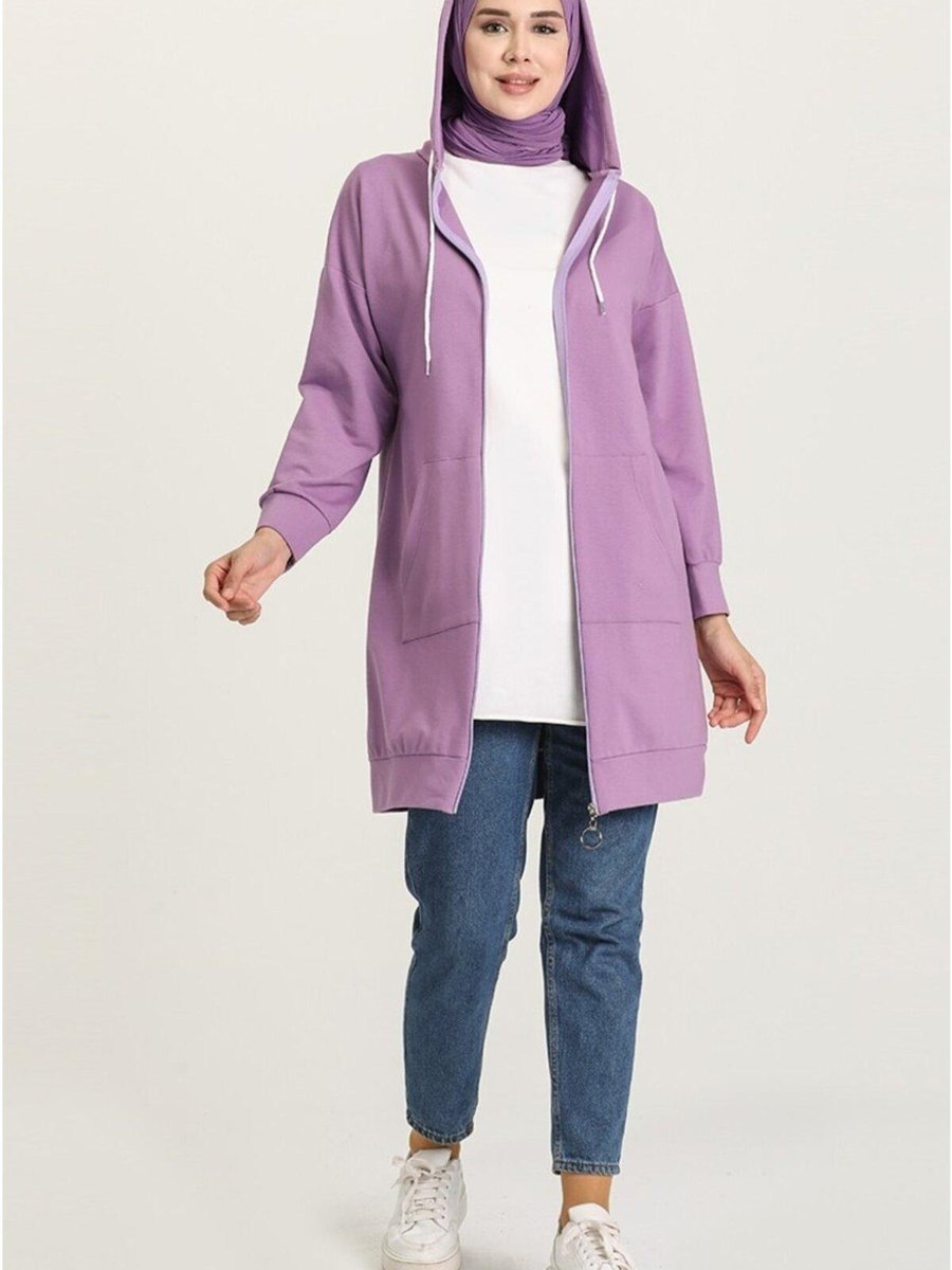 Cng Moda Mor Fermuarlı Kanguru Cepli Sweat