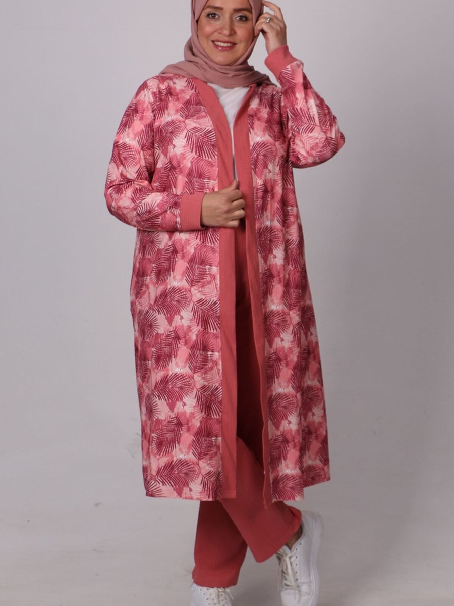 Moda Rosa Pembe Büyük Beden Düğmeli Bürümcük Ceket Pantolon Takım