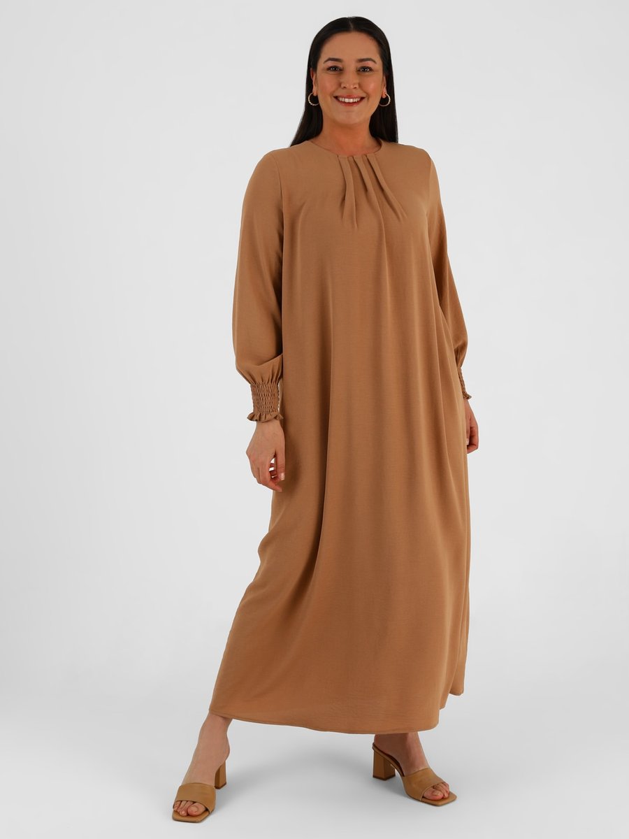 Alia Bej Büyük Beden Kol Uçları Büzgülü Elbise Koyu