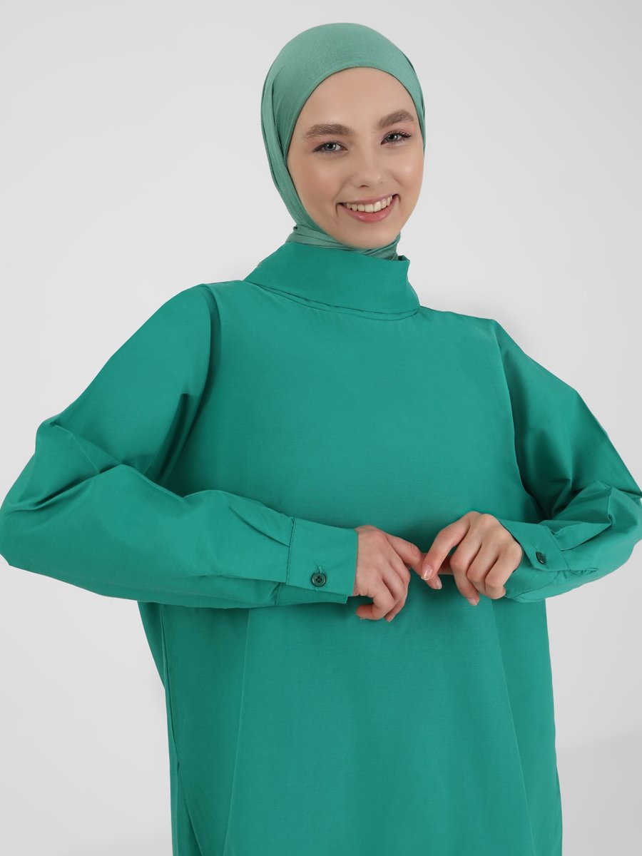 Refka Orman Yeşili Dik Yaka Oversize Poplin Tunik