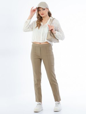 EVS WOMAN Camel Önden Çimalı Beli Lastikli Yüksek Bel Pantolon