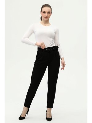 Lurex Moda Siyah Dar Paça Klasik Kemerli Kumaş Pantolon
