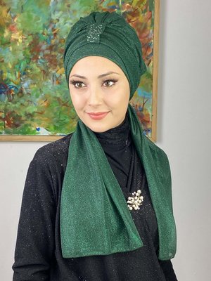 BUTİK AMBAR Koyu Zümrüt Hürrem Tek Biritli Simli Atkılı Bone