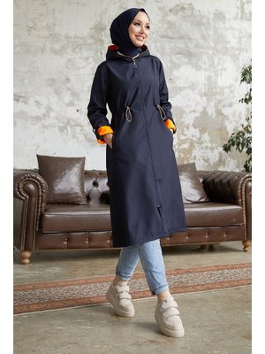 InStyle Lacivert Turuncu Beli Büzgülü Kapüşonlu Neon Trenç
