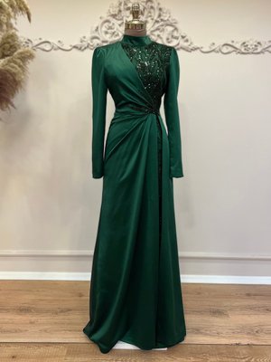 Ebru Çelikkaya Zümrüt Yeşili Perla Abiye Elbise