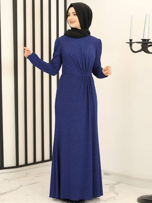 Fashion Showcase Design Saks Mavisi Beli Büzgülü Işıltılı Abiye Elbise