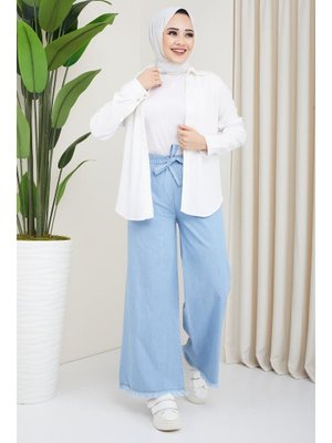 Hafsa Mina Açık Mavi Bol Paça Beli Lastikli Bağcık Detaylı Kot Pantolon