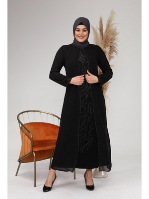 Ferace Siyah Kadin Buyuk Beden İşlemeli Ve Desenli Abiye Takım Elbise