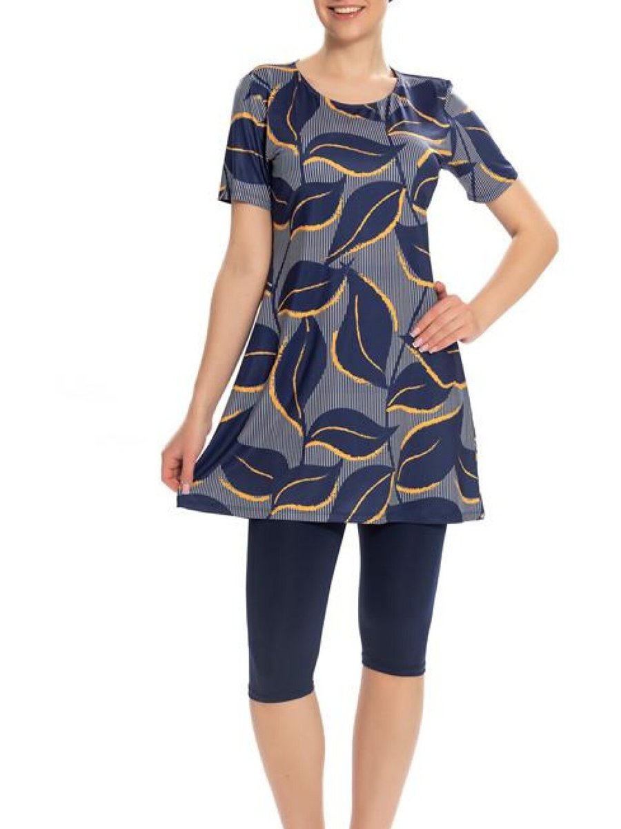 Starinci Mayo Lacivert Kol Kısakol Yaprak Desenli Mayo Starinci Mayo Lacivert Kol Kısakol Yaprak Desenli Mayo