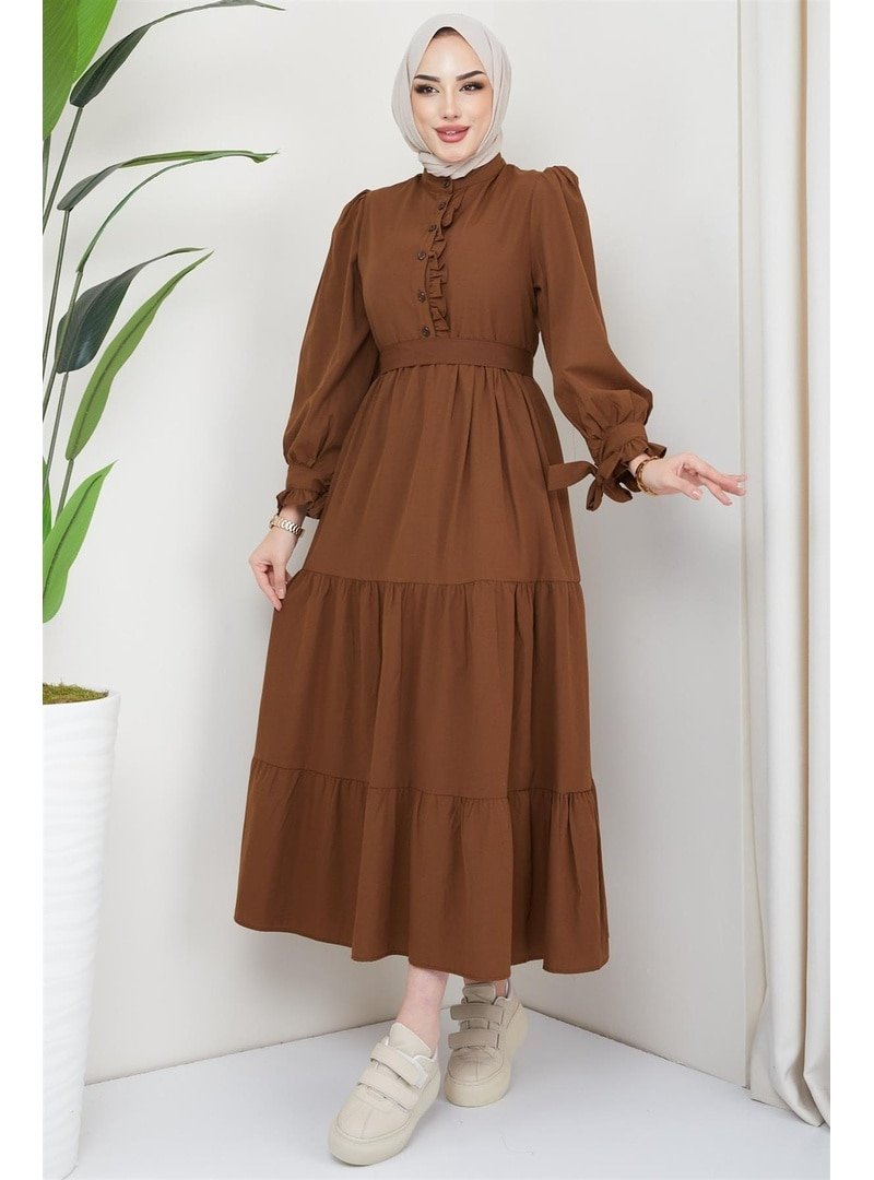Hafsa Mina Kahverengi Önü Fırfırlı Kolu Bağlamalı Elbise
