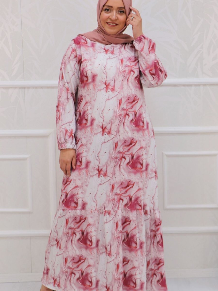 Moda Rosa Desenli Gül Kurusu Büyük Beden Etek Ucu Fırfırlı Bürümcük Elbise