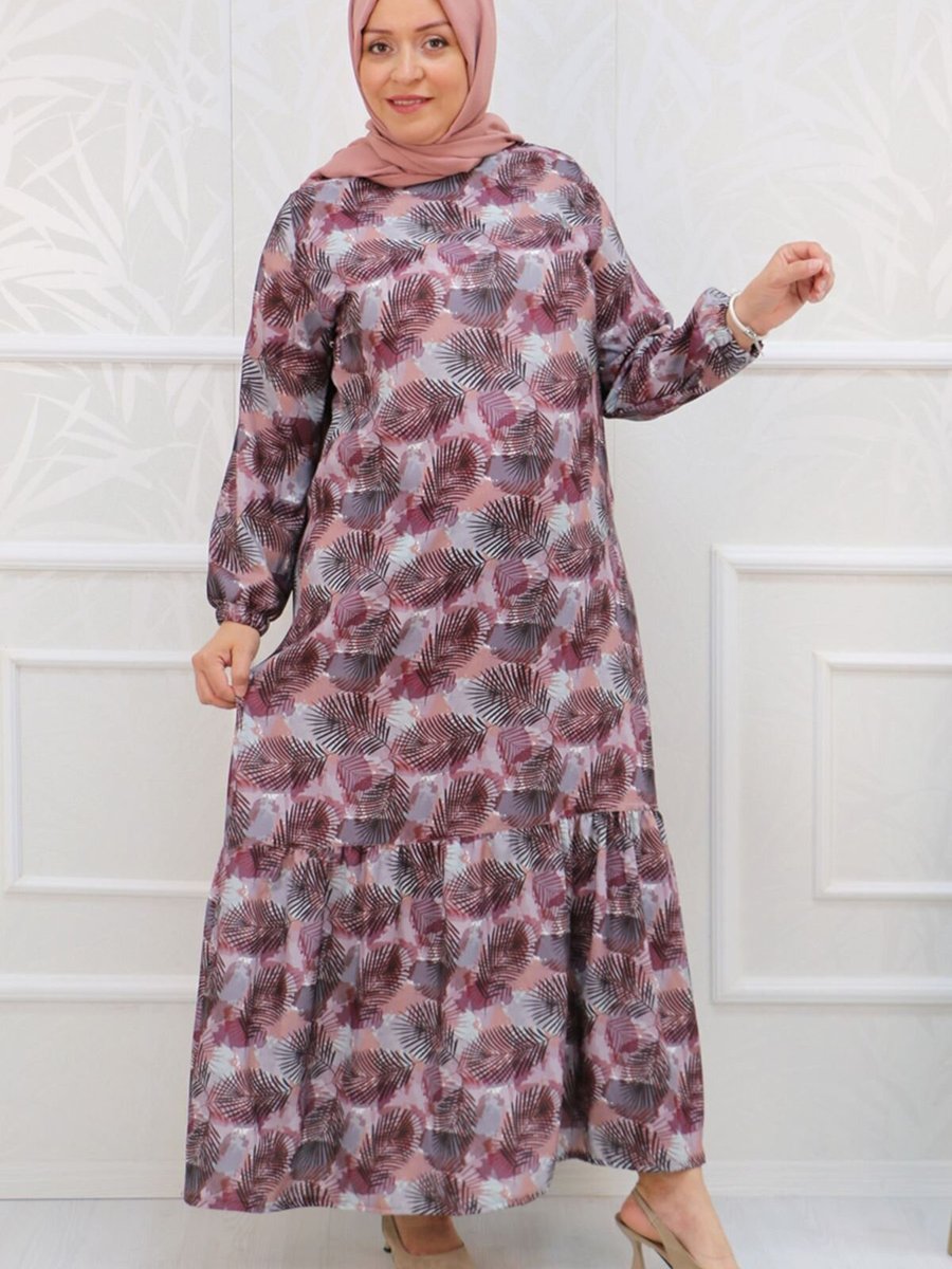 Moda Rosa Yaprak Desen Mor Büyük Beden Eteği Fırfırlı Desenli Jesica Elbise