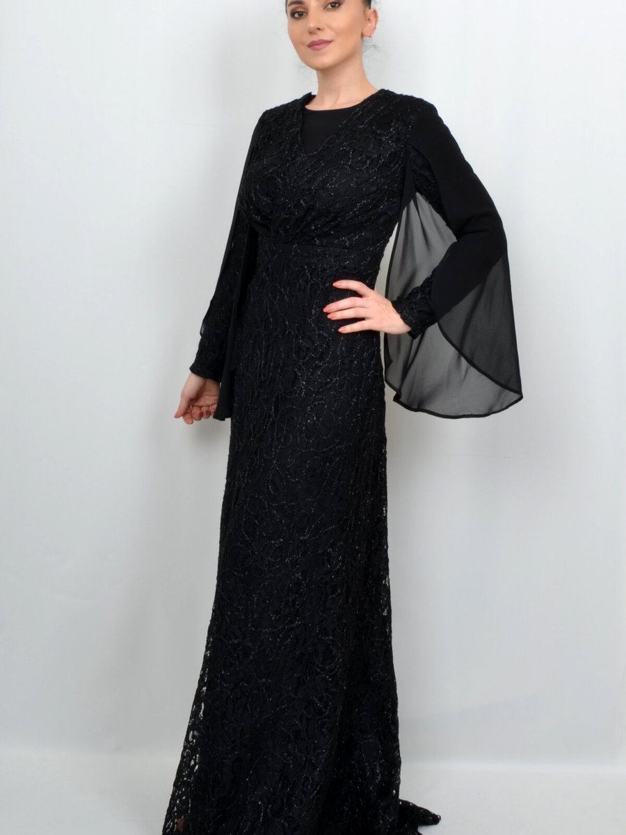 ALİS DRESS Siyah Uzun Şifon Kollu Dantel Abiye Elbise