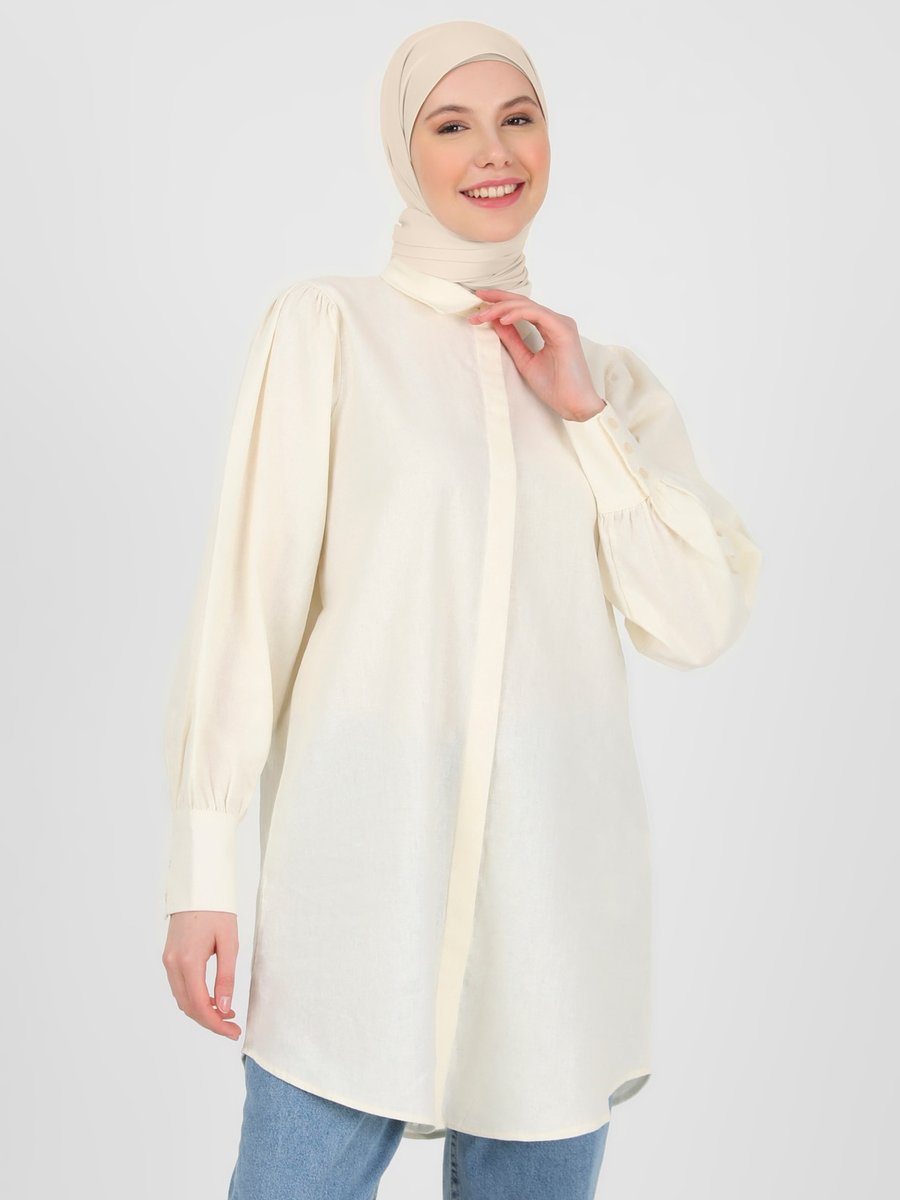 Refka Off White Keten Gizli Pat Uzun Tunik